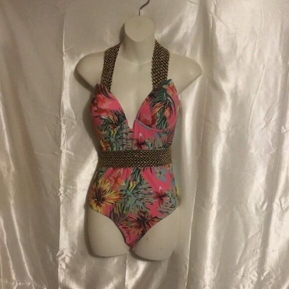 Shein Pink Tropical Stitch Pushup One Piece Swimsuit Bikini L - Picture 10 of 11